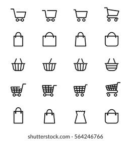 Shopping baskets and store bags line icons isolated on white. Vector illustration