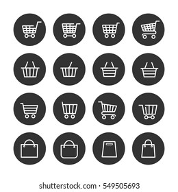 Shopping baskets thin line icons set in black circles. Vector illustration