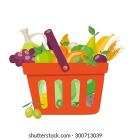 Shopping basquet. Flat style. Food icon in flat style. Vegetables and fruits. 