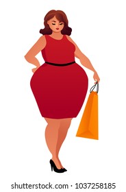 Shopping. Beautiful customer Plus size woman isolated on white background. Vector illustration.