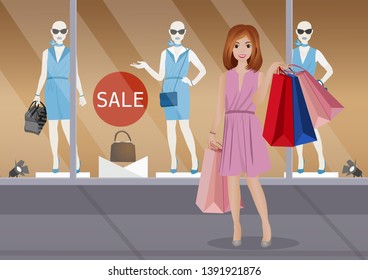 Shopping. Beautiful young woman holding shopping bags. Smiling happy. Mannequins at shopfront. Vector illustration.