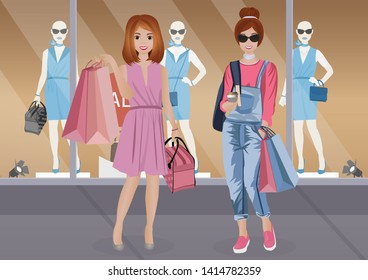 Shopping. Beautiful young woman holding shopping bags. Smiling happy. Mannequins at shopfront. Vector illustration.