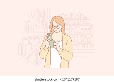 Shopping, Beauty, Eco Cosmetics Concept. Young Happy Woman Shop Assistant Or Buyer Cartoon Character Holding Bottle Of Toiletry Assortment In Shop. Skincare And Ecological Makeup Products Choosing.