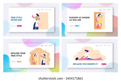 Shopping and Beauty Procedures Website Landing Page Set, Man Lying on Table Receiving Relaxation Back Massage in Spa Center, Girls Visiting Shop Web Page. Cartoon Flat Vector Illustration, Banner