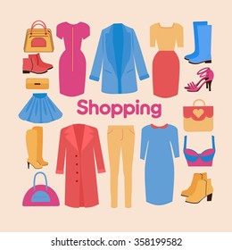 Shopping and Beauty Set in Flat Design. Accessories, Clothing and Fashion Elements 