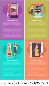 Shopping beauty stand and cosmetics posters set vector. Grocery store with vegetables and fruits on shelves. Fashion clothes shoes and hats wearing