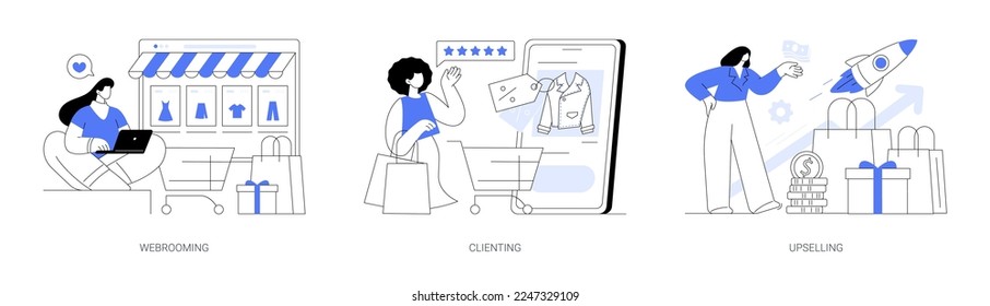 Comportamiento de compras conjunto de ilustración vectorial de concepto abstracto. Webrooming, clientela y ventas al por mayor, investigación de productos digitales, fidelidad a clientes, motivación de clientes, metáfora abstracta de productos en línea.