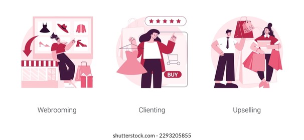 Shopping behavior abstract concept vector illustration set. Webrooming, clienting and upselling, digital goods research, client loyalty, customer motivation, product online abstract metaphor.