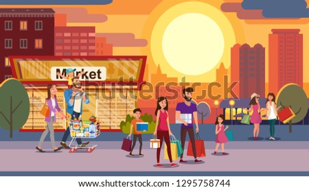 Shopping in Big City Flat Vector Concept. Happy Smiling People, Parents with Kids Walking Streets with Packets and Cart Full of Food Products Illustration. Family Holiday Shopping. Sale and Discounts