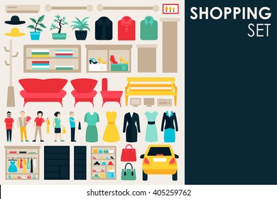 Shopping Big Collection in flat design background concept. Infographic Elements Set With Mall Staff Clothes And Furniture People Interior Fashion