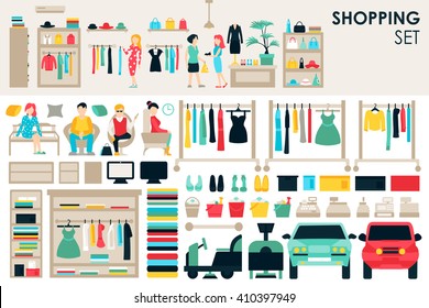 Shopping Big Collection in flat design background concept. Infographic Elements Set With Mall Staff Clothes And Furniture People Interior Fashion