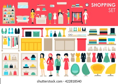 Shopping Big Collection in flat design background concept. Infographic Elements Set With Mall Staff Clothes And Furniture People Interior Fashion
