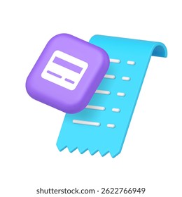 Shopping bill invoice receipt banking card payment balance 3d icon realistic vector illustration. Financial check out shop store market supermarket tax paying money transaction paper document
