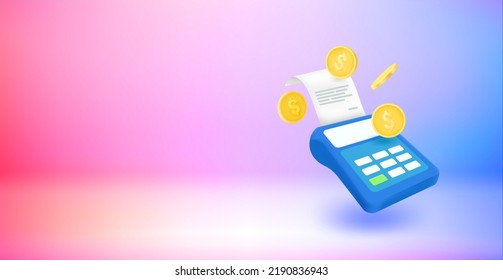 Shopping bill with payment terminal. Payment concept. 3d vector banner with copy space