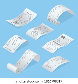 Shopping Bills Curved Short, Long With Sum Invoice Check, Total Cost, Amount, Barcode, Goods List Realistic Templates Set  Retail Sales Receipts. Vector Paper Check Collection On Blue.