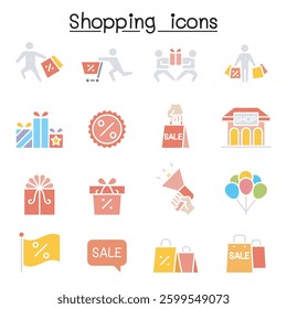 Shopping, Black Friday, Cyber Monday icon set in flat color style