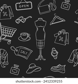 Patrón negro de compras. Descuentos , ropa, accesorios en estilo doodle sobre fondo negro. El viernes negro y el lunes cibernético patrón sin fisuras de iconos de línea sobre fondo negro