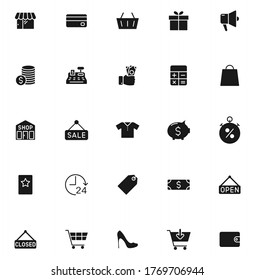 shopping black vector icons isolated on white background. shopping icon set for web and ui design, mobile apps and print products