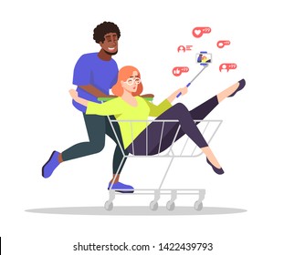 Shopping blog flat vector illustration. African american man pushing shopping cart with woman inside isolated cartoon characters. Couple doing purchases and streaming video. Vloggers, bloggers