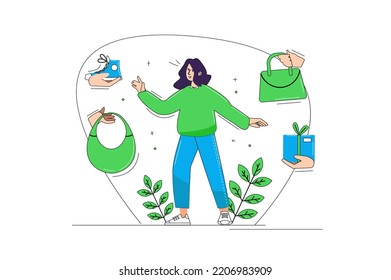 Shopping blue and green concept with people scene in the flat cartoon design. Girl chooses among many products the one that will suit her the most. Vector illustration.