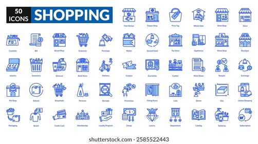 Shopping blue icon collection set. Includes cart, bag, store, discount, checkout, basket, receipt, payment, sale, product, barcode, coupon, cashier, shelf, retail, store