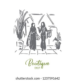 Shopping, boutique, muslim, arab, hijab concept. Hand drawn muslim women doing shopping in mall concept sketch. Isolated vector illustration.