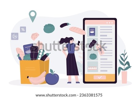 Shopping box is filled with various products from online mobile store. Customer woman using cell phone and ordering food in mobile app. Food and grocery goods, shopping in internet supermarket. vector