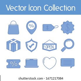 shopping and box icon set over white background, blue outline style, vector illustration
