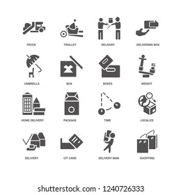 Shopping, Box, Truck, Trolley, Localize, Time, Package, Delivery Man icon 16 set EPS 10 vector format. Icons optimized for both large and small resolutions.
