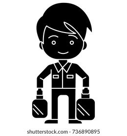 shopping boy with bags icon, vector illustration, black sign on isolated background