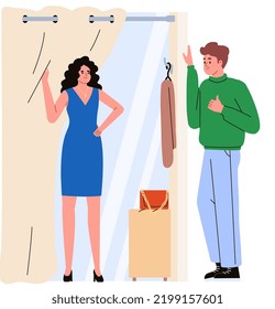 Shopping with a boyfriend. Woman trying on a dress in the fitting room and demonstrating it to her friend. Man looking at woman. Fashionable, stylish dress. Flat vector illustration.