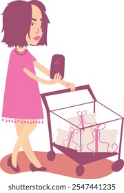 Shopping buggy full of Christmas gifts, girl with mobile phone reading shopping list