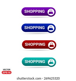 Shopping Button. Abstract beautiful text button with icon. Purple Button, Blue Button, Red Button, Green Button, Turquoise button. web design element. Call to action icon button. Banner Set