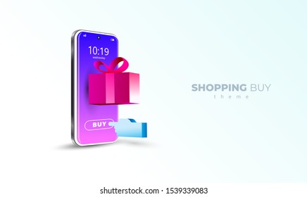 Shopping buy online internet theme. Mobile display smartphone and box white background illustration