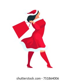 Shopping. Buyer with shopping bags in hands. Santa girl isolated on white background. Christmas sale. Woman plus size in a flat style. Vector illustration.