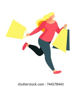 Shopping. Buyer runs with shopping bags in hands. Beautiful customer girl in a flat style isolated on white background. Plus size woman shopper. Vector illustration.