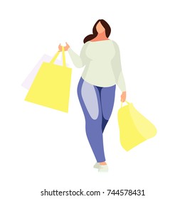 Shopping. Buyer walking with shopping bags in hands. Beautiful customer girl in a flat style isolated on white background. Plus size woman shopper. Vector illustration.