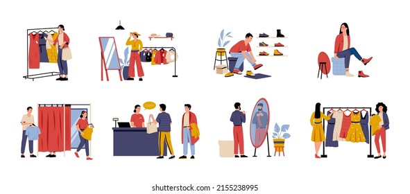 Shopping and buying concept. Cartoon women in clothing and shoe store choose clothes, try on, pay at checkout. Vector set of people buy, woman and man at shop illustration