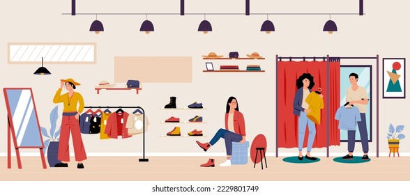 Shopping and buying concept, store interior fashion. Vector of retail sale b mall, concept of customer woman illustration
