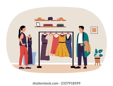 Shopping and buying concept. Woman choosing dress in store. Customer purchasing clothes in retail shop. Cartoon buyer looking for fashion outfit. Couple in boutique vector illustration