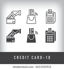 Shopping by card, credit card wallet and pos device design. Simple linear and flat credit card icon set.