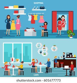 Shopping and cafe horizontal  banners set with clothes and food symbols flat isolated vector illustration