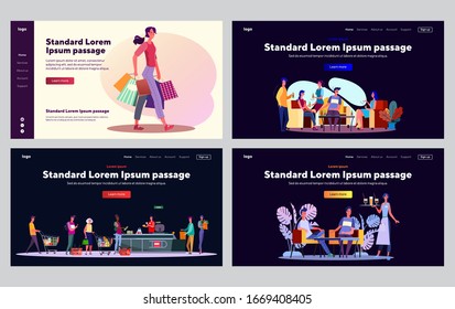 Shopping and cafes set. People buying food in supermarket, meeting in bars. Flat vector illustrations. Lifestyle, weekend, leisure time concept for banner, website design or landing web page