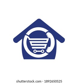 Ilustración de diseño del logotipo del vector de la llamada de compra. Carro de compras y teléfono con icono en casa.