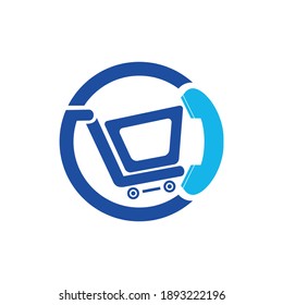 Ilustración de diseño del logotipo del vector de la llamada de compra. Carro de compras e icono de teléfono.	