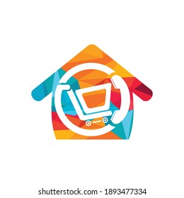 Shopping Call Vektor Logo Design-Vorlage Illustration. Warenkorb und Handgerät mit Home-Symbol.	
