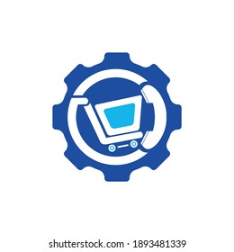 Ilustración de diseño del logotipo del vector de la llamada de compra. Carro de compras y teléfono con icono de marcha.	
