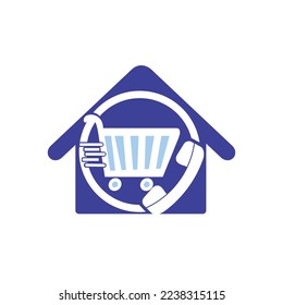 Shopping Call Vektor Logo Design-Vorlage Illustration. Warenkorb und Handyset Symbol kaufen.