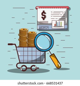 shopping car with coins and statistics documents and magnifying glass