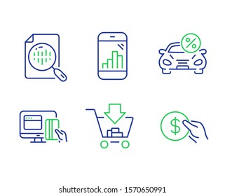 Shopping, Car leasing and Online payment line icons set. Graph phone, Analytics chart and Payment signs. Add to cart, Transport discount, Money. Mobile statistics. Finance set. Vector